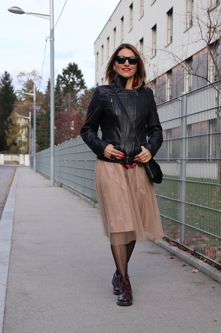 Tulle skirt 2024 leather jacket